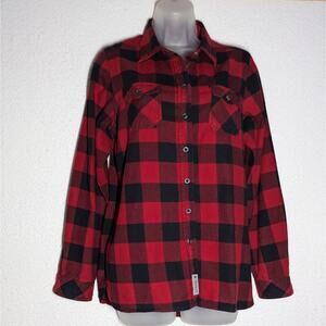 Roots 73 Flannel Plaid Shirt Women Sz Medium Red Black Classic Cozy Hi Low Hem